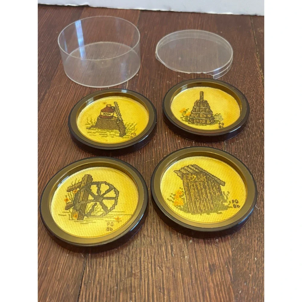 Vintage Needlepoint Coasters‎ Set of 4 Americana Outhouse Moonshine Made in USA